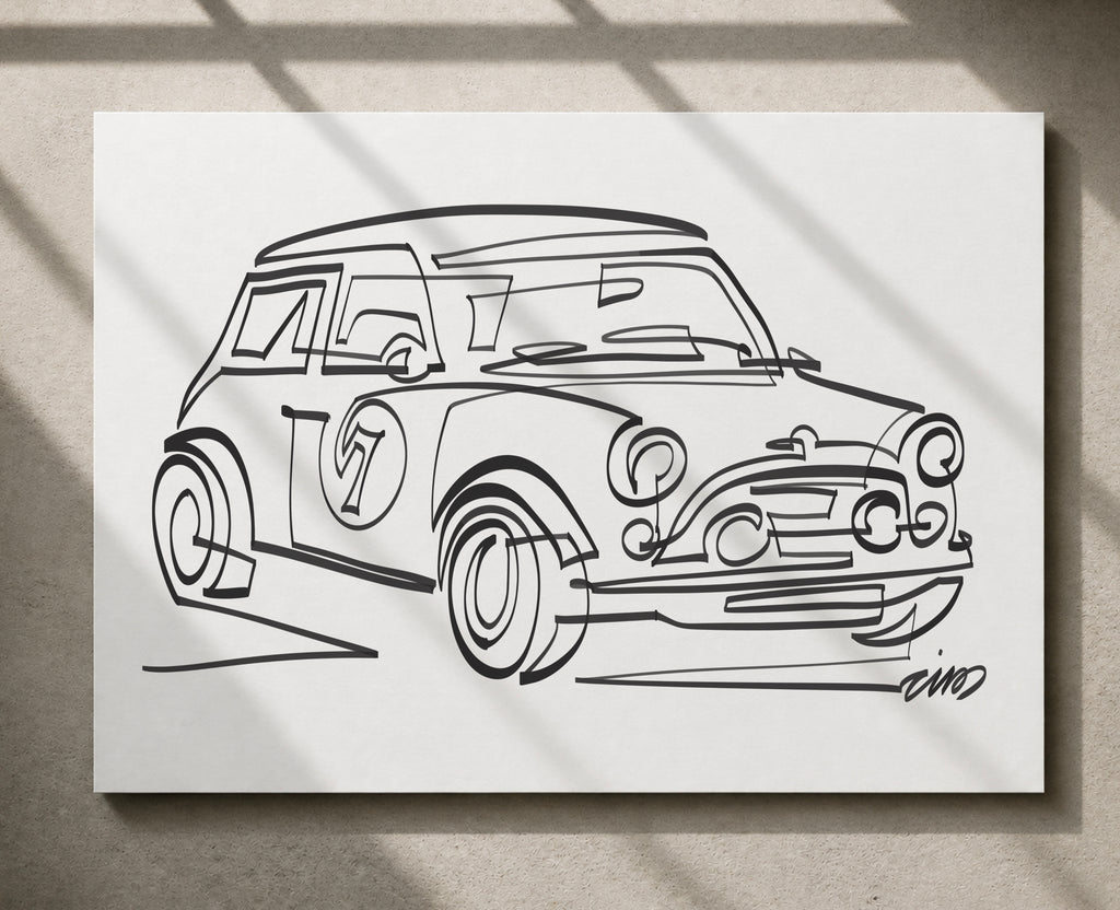 Mini Classic black and white car art print by Cris D. shown in a product mockup