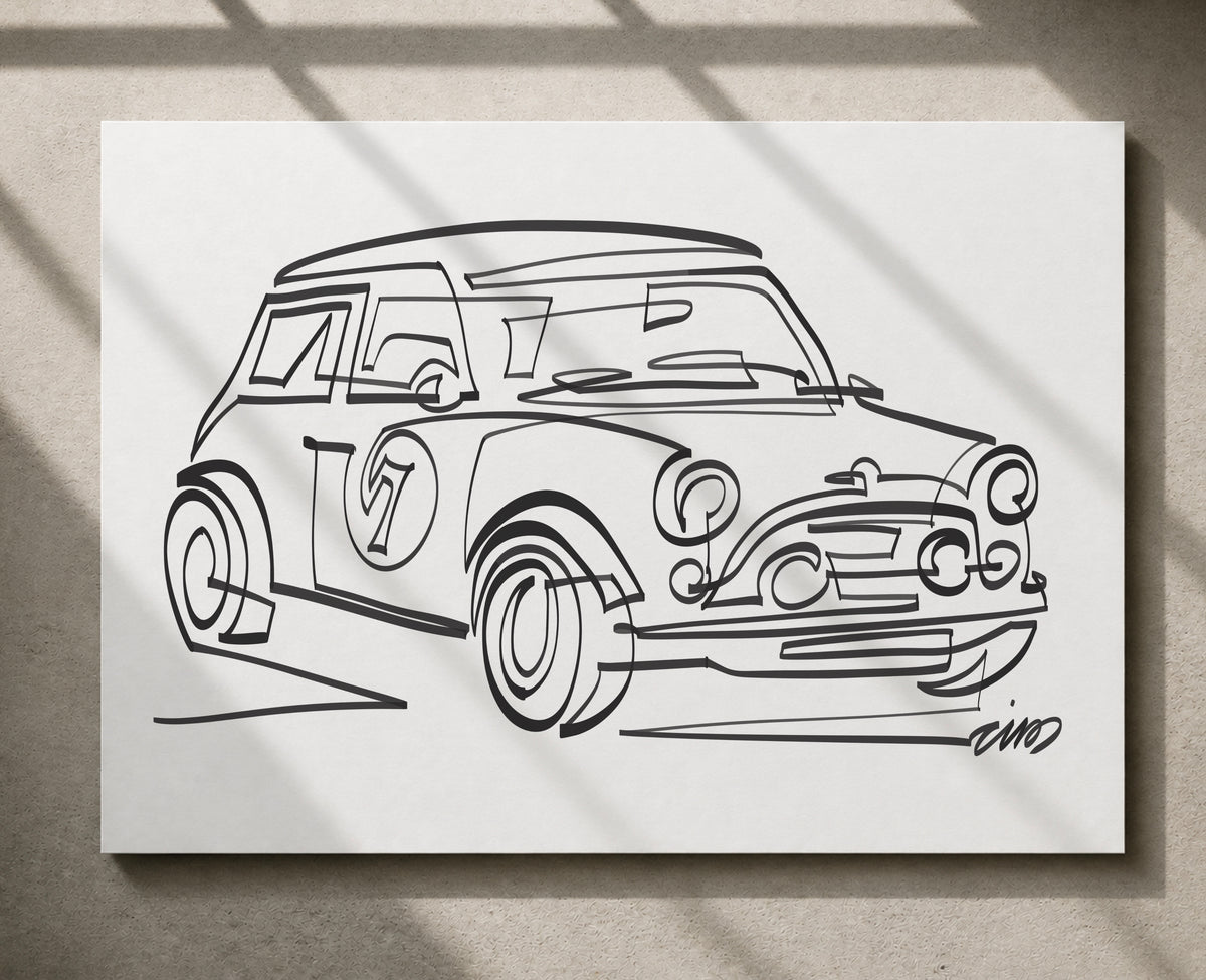Mini Classic black and white car art print by Cris D. shown in a product mockup