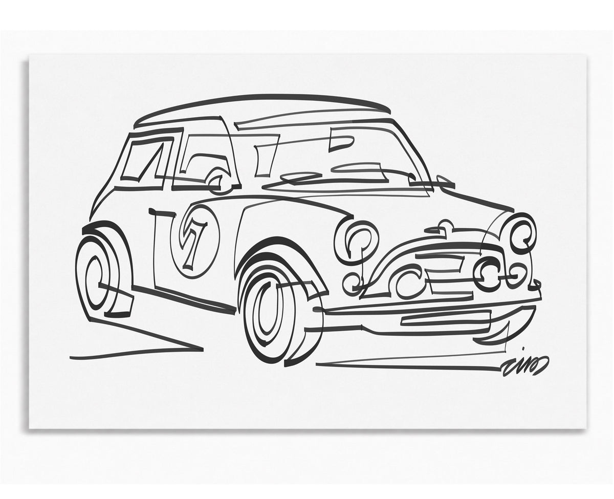 Mini Classic art print by Cris D., a vintage Mini car drawn in black lines on white paper