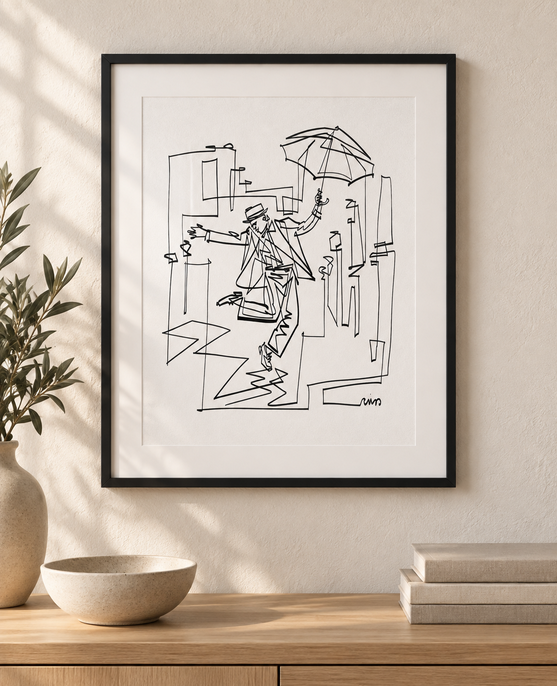 Dancing in the Rain art print in a black frame with white mat above an oak console. Illustrative interior; frame and mat not included.