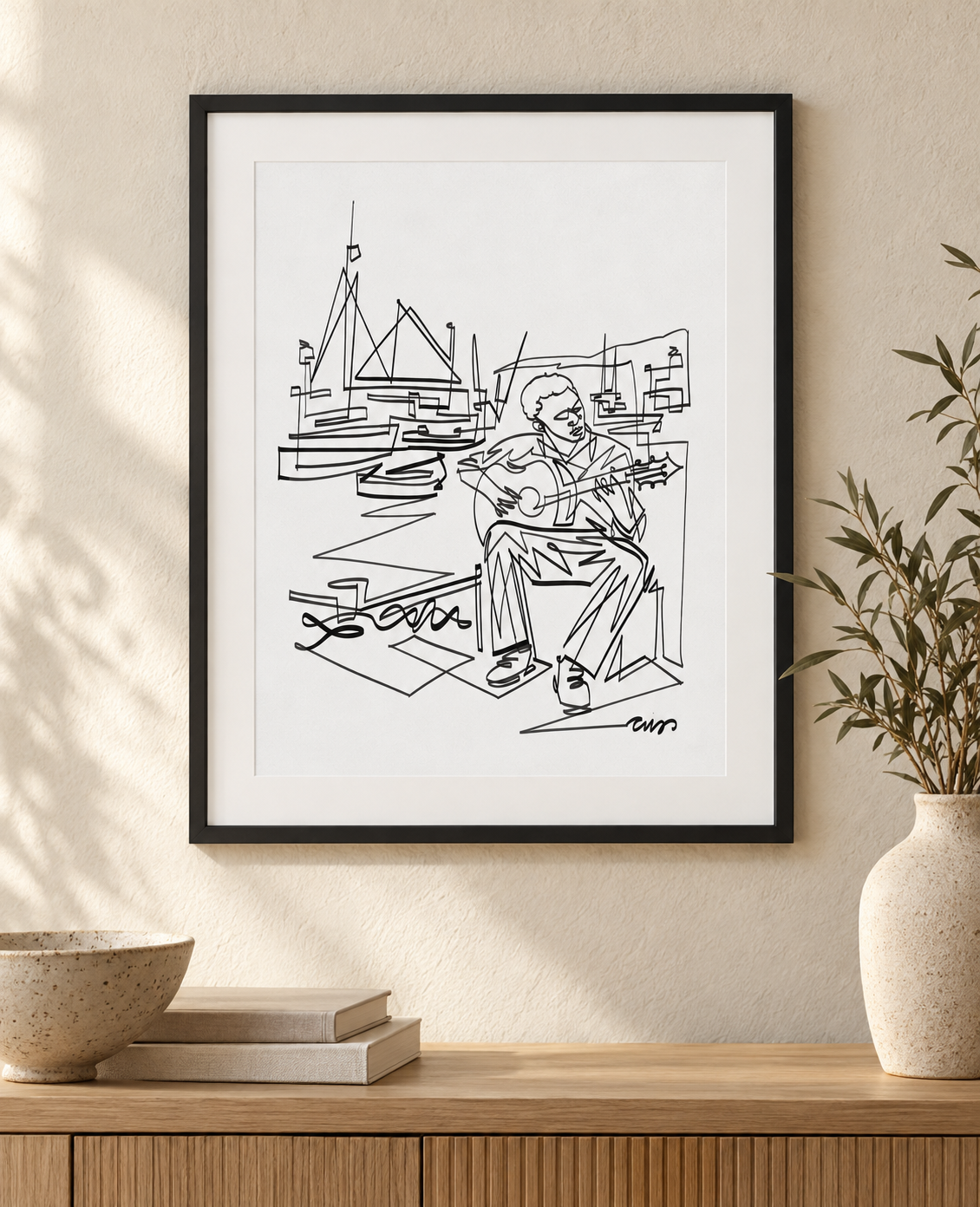 Harbor Guitarist — Art Print in an illustrative interior. Frame and mat not included.