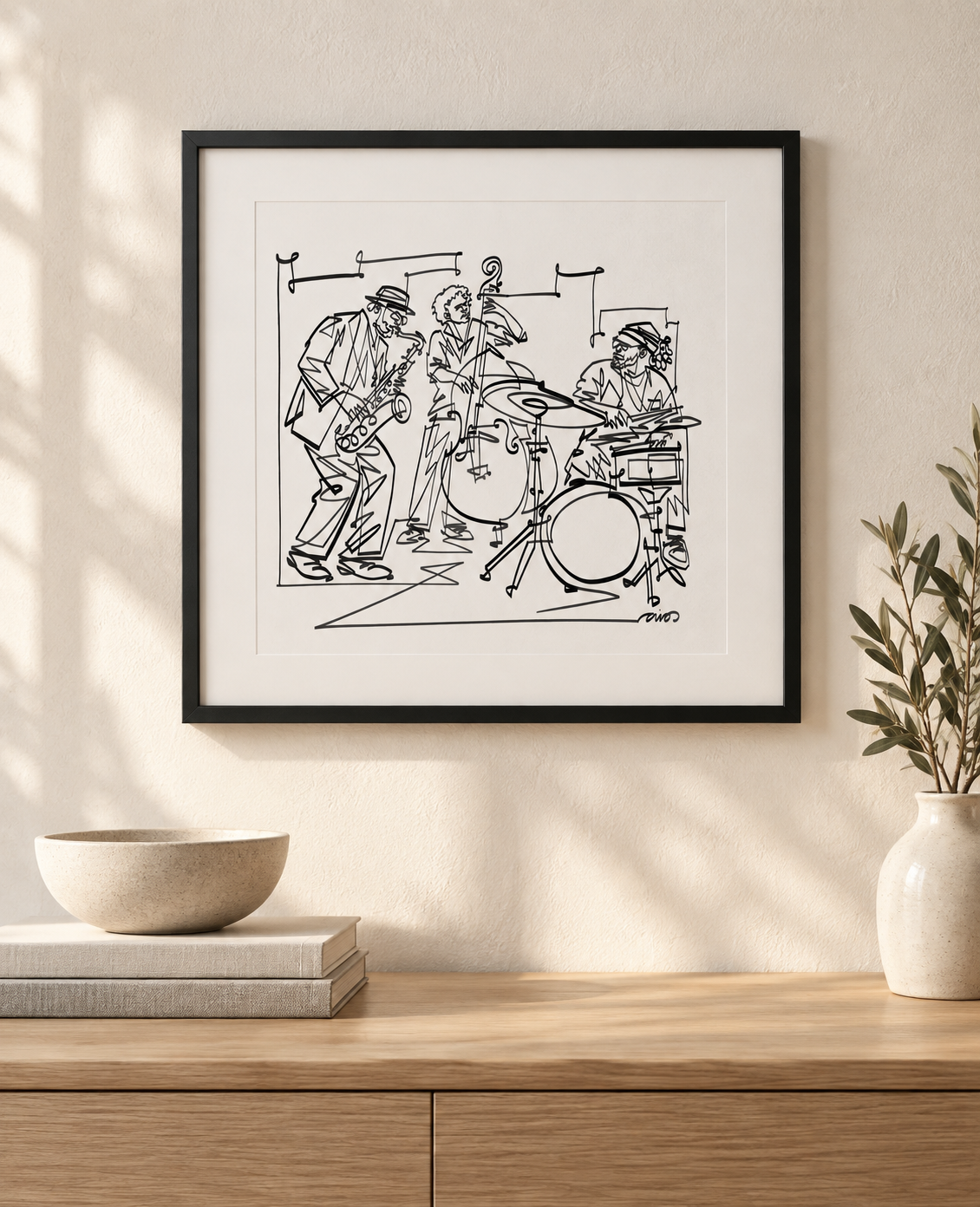 Jazz Trio: Sax, Bass & Drums print in a square black frame with white mat above an oak console. Illustrative interior; frame and mat not included.