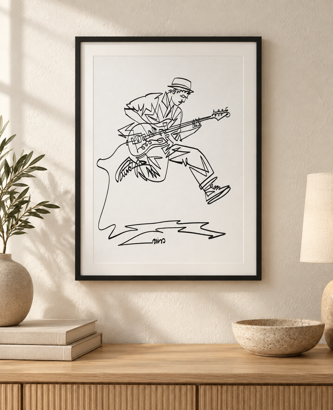 Jumping Guitarist — Art Print in an illustrative interior. Frame and mat not included.