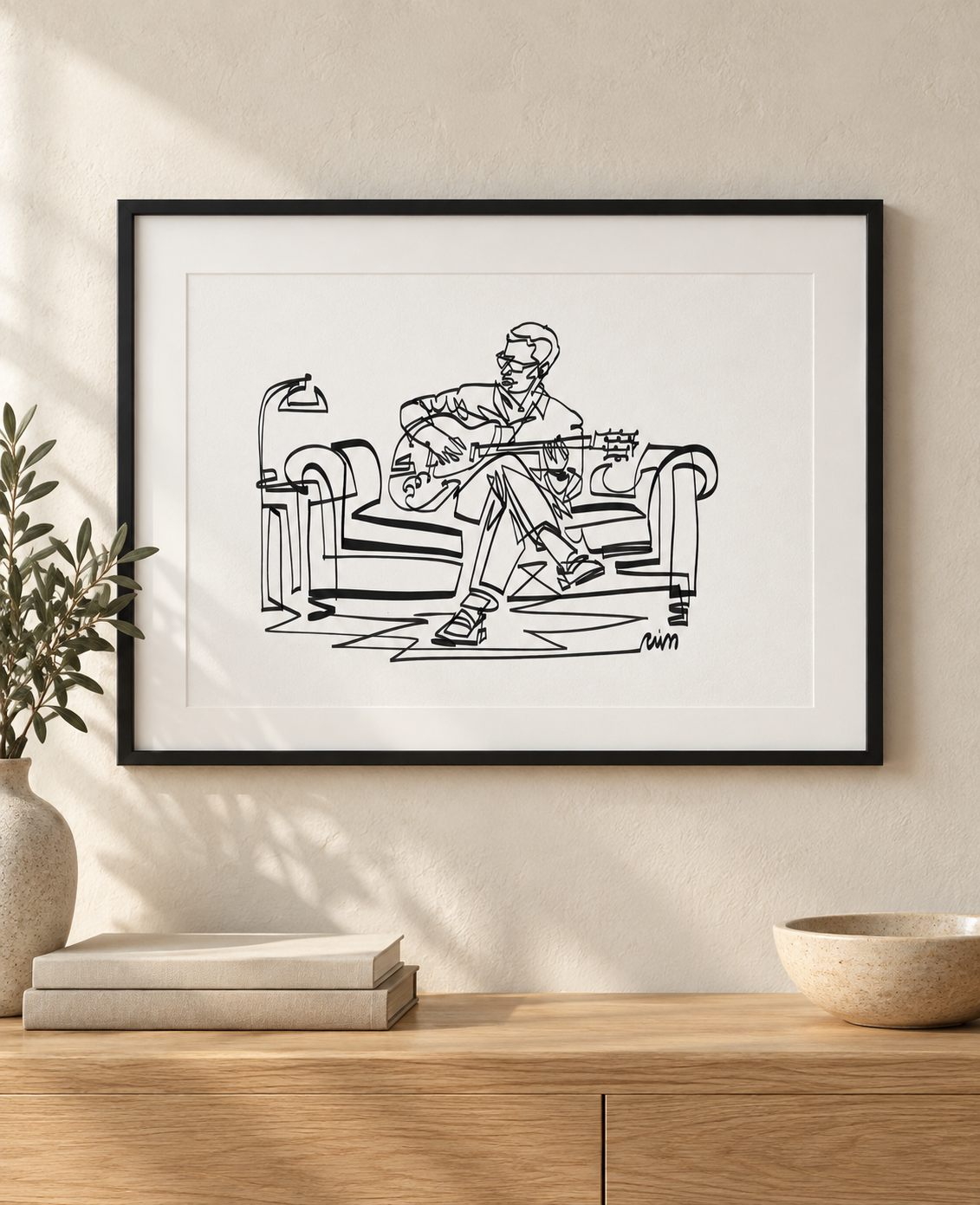 Living Room Guitarist — Art Print in an illustrative interior. Frame and mat not included.