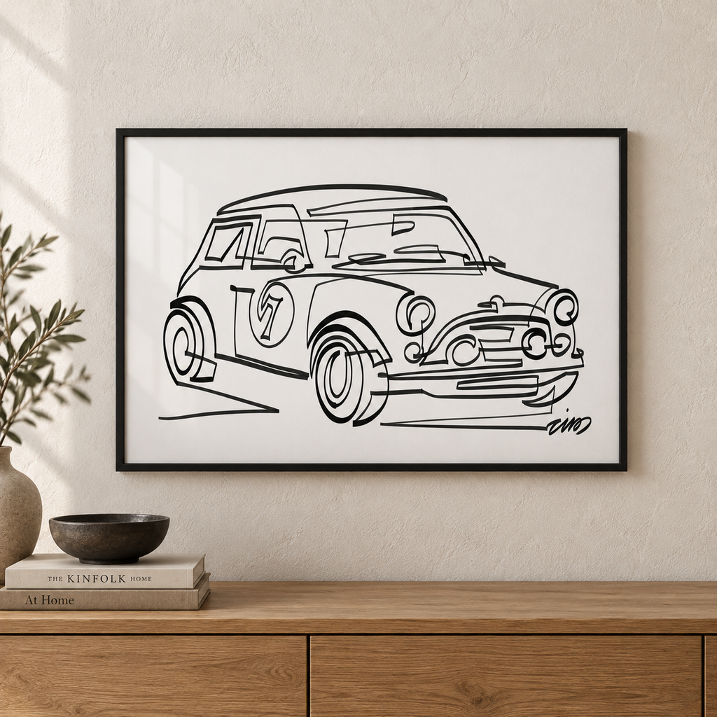 Mini Classic art print by Cris D. in a slim black frame above an oak console. Illustrative interior; frame not included.