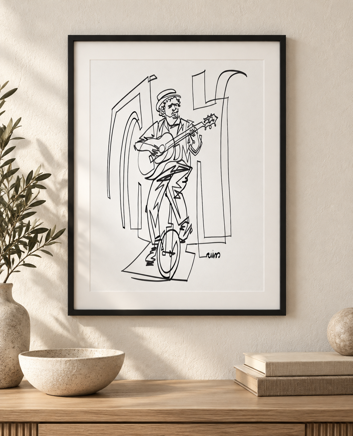 Musician on a Unicycle — Art Print in an illustrative interior. Frame and mat not included.