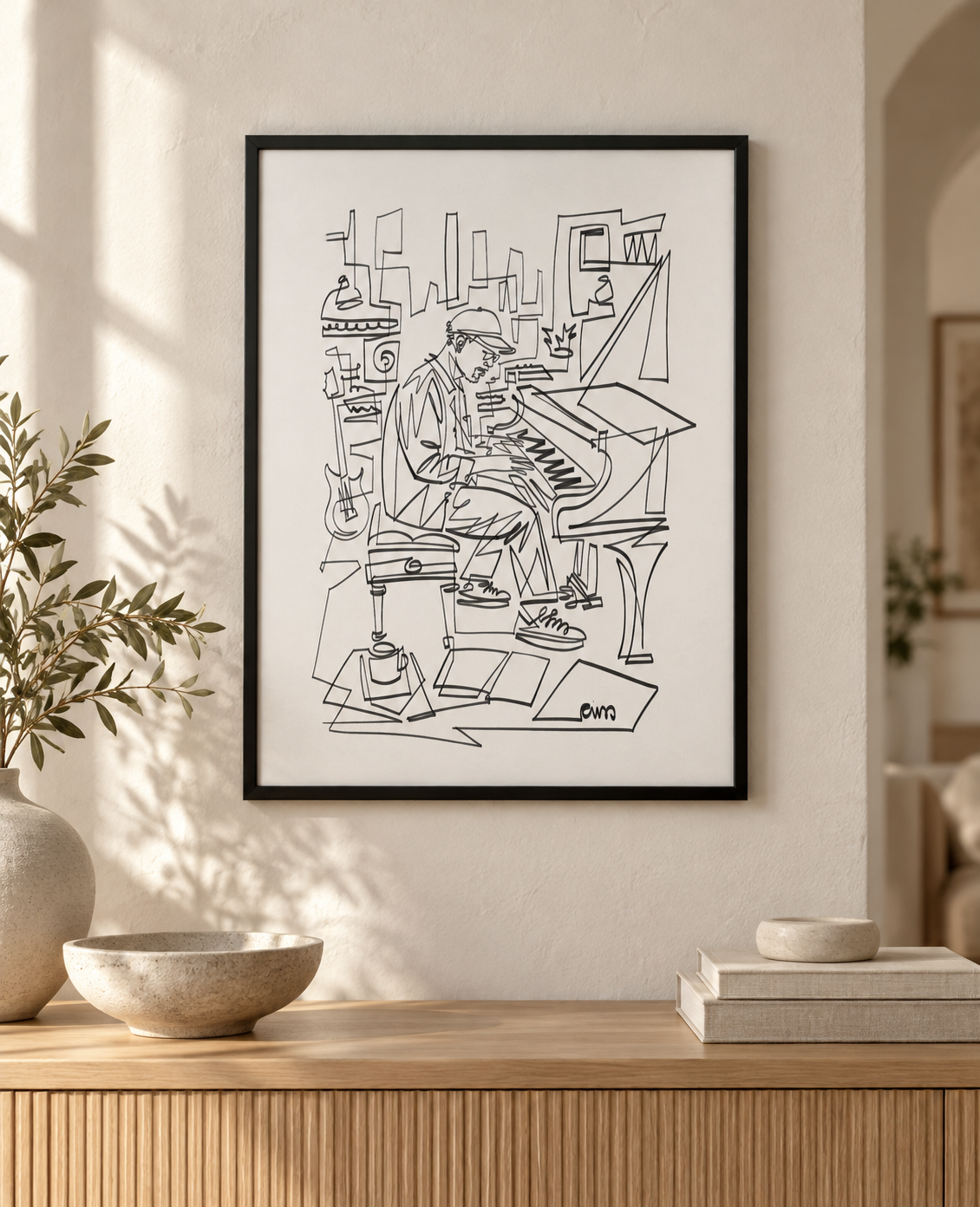 Creative Process: Piano Studio art print in a black frame above an oak console. Illustrative interior; frame not included.