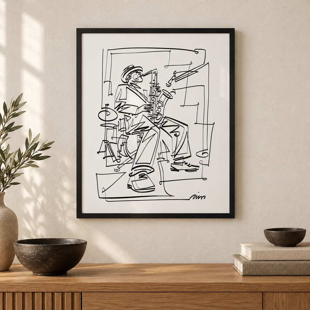 Saxophonist line art print in a black frame above an oak console. Illustrative interior; frame not included.