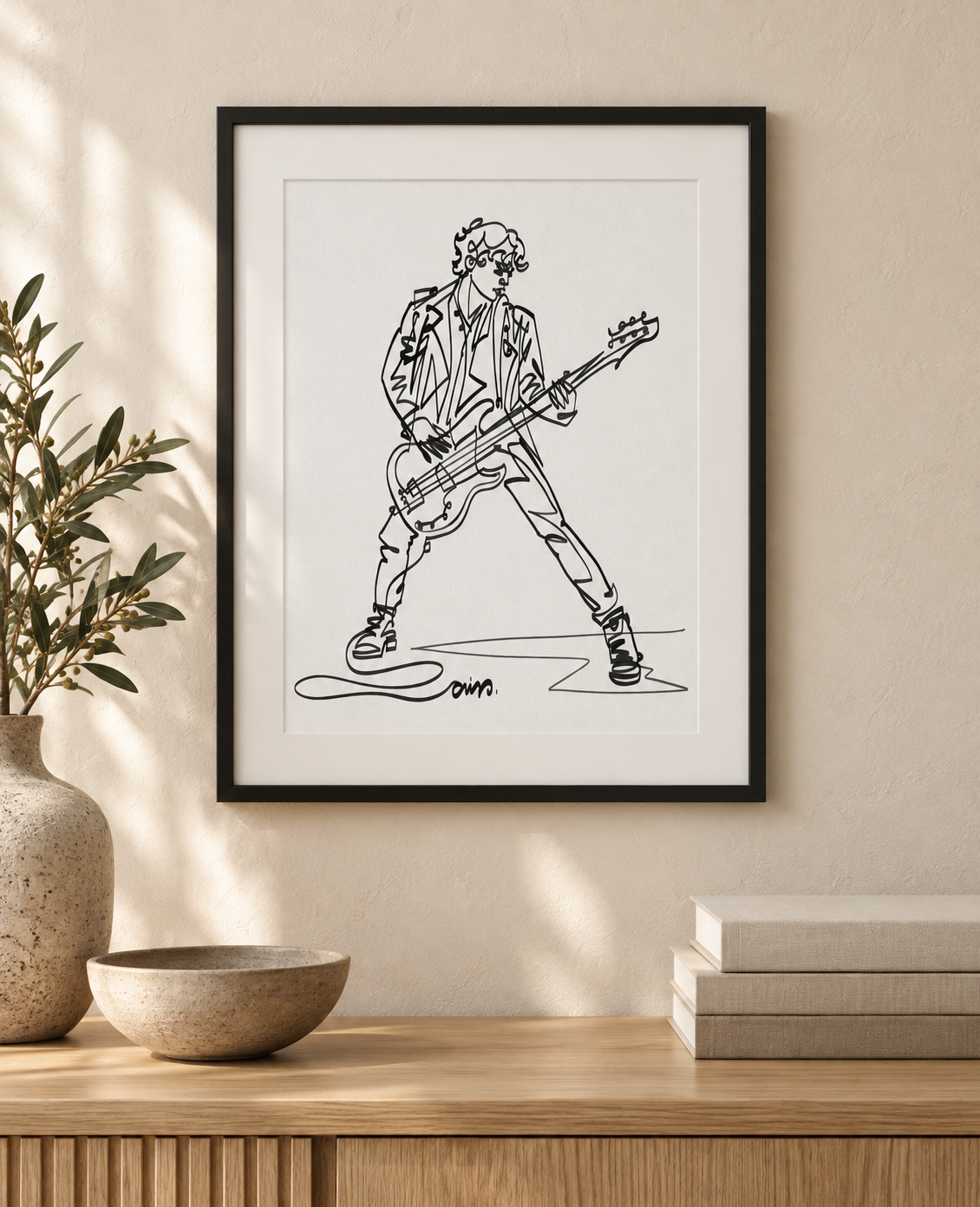 Standing Bass Guitarist — Art Print in an illustrative interior. Frame and mat not included.