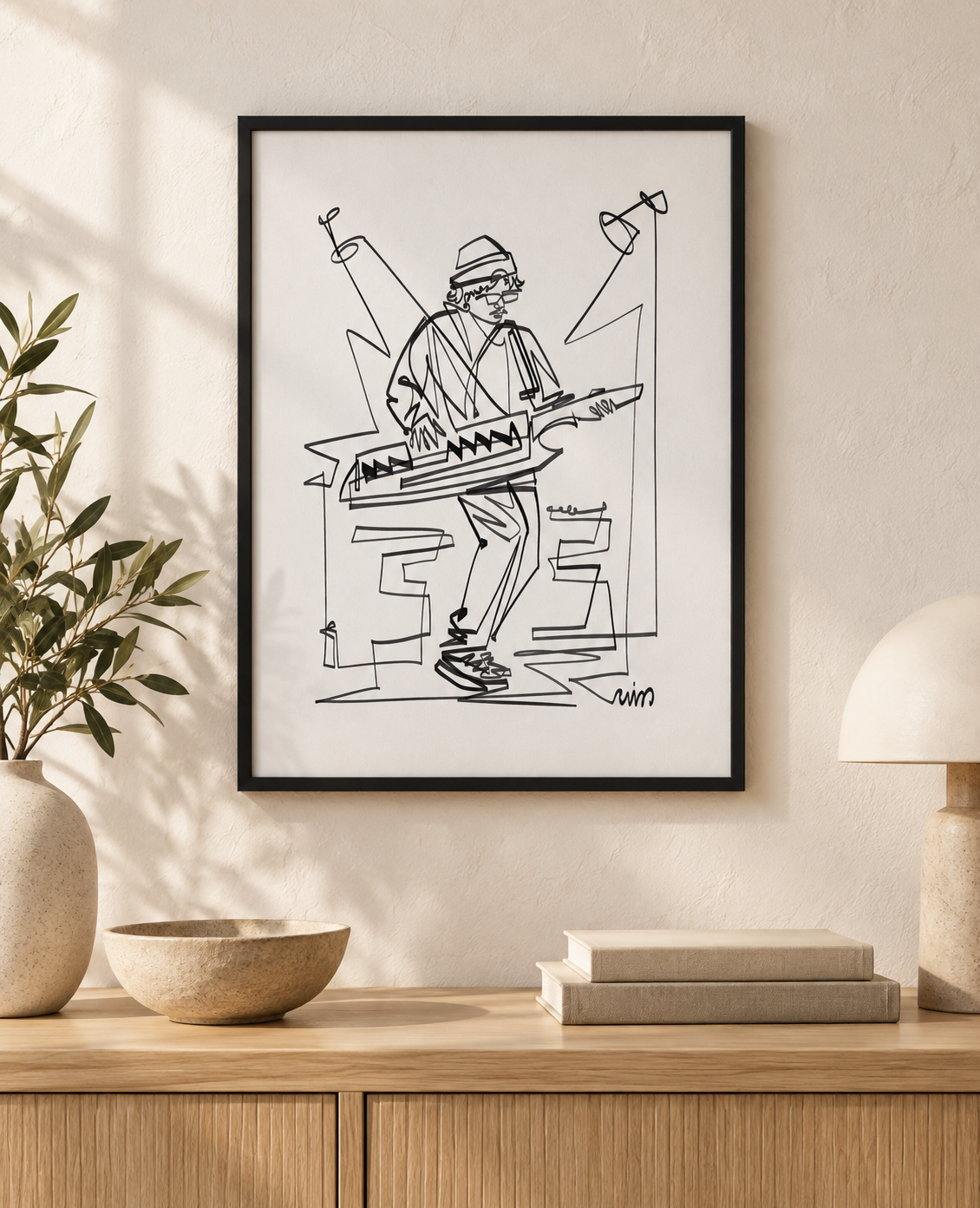 Synth Player art print in a black frame above an oak console. Illustrative interior; frame not included.