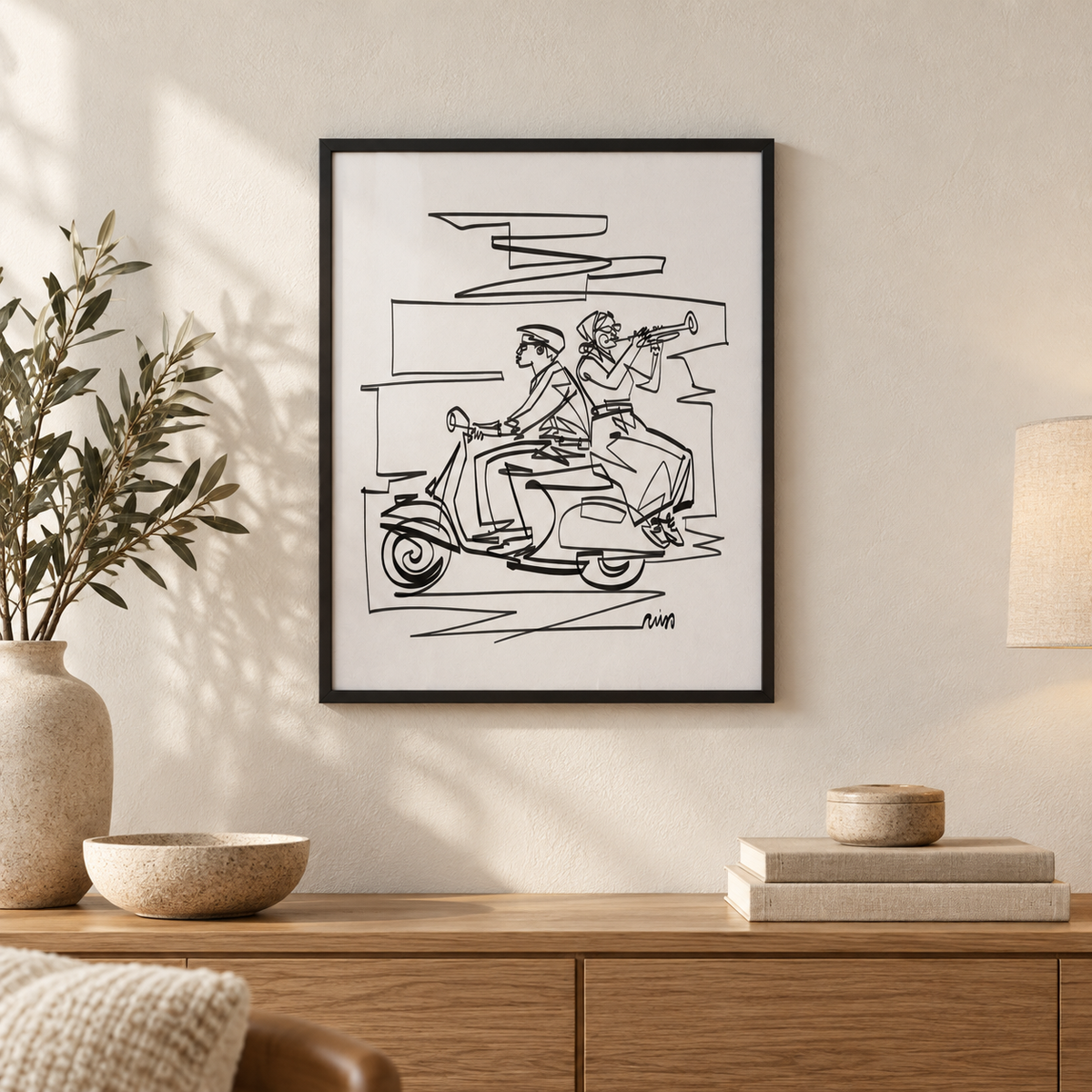 Trumpeter on a Scooter art print by Cris D. in a black frame above an oak console. Illustrative interior; frame not included.