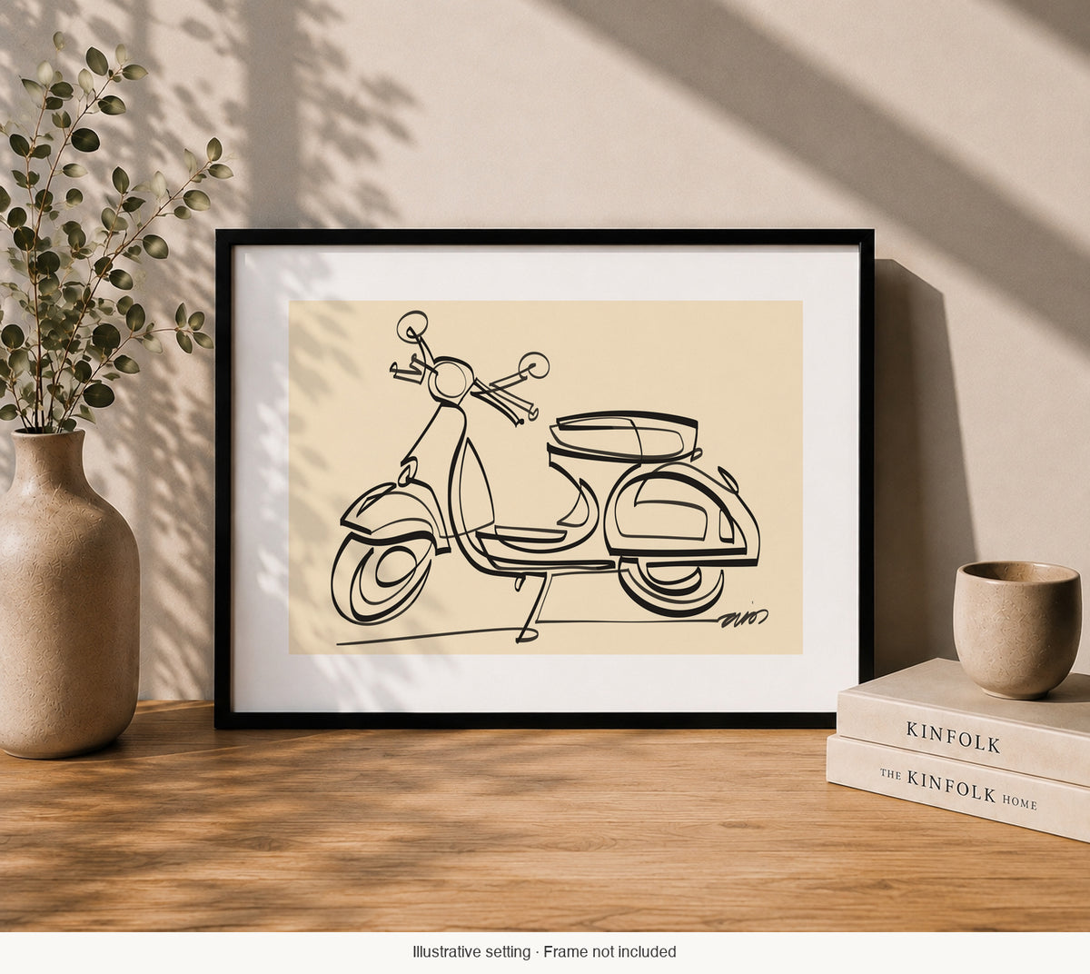 Vespa Warm Cream art print in an illustrative interior; frame not included.