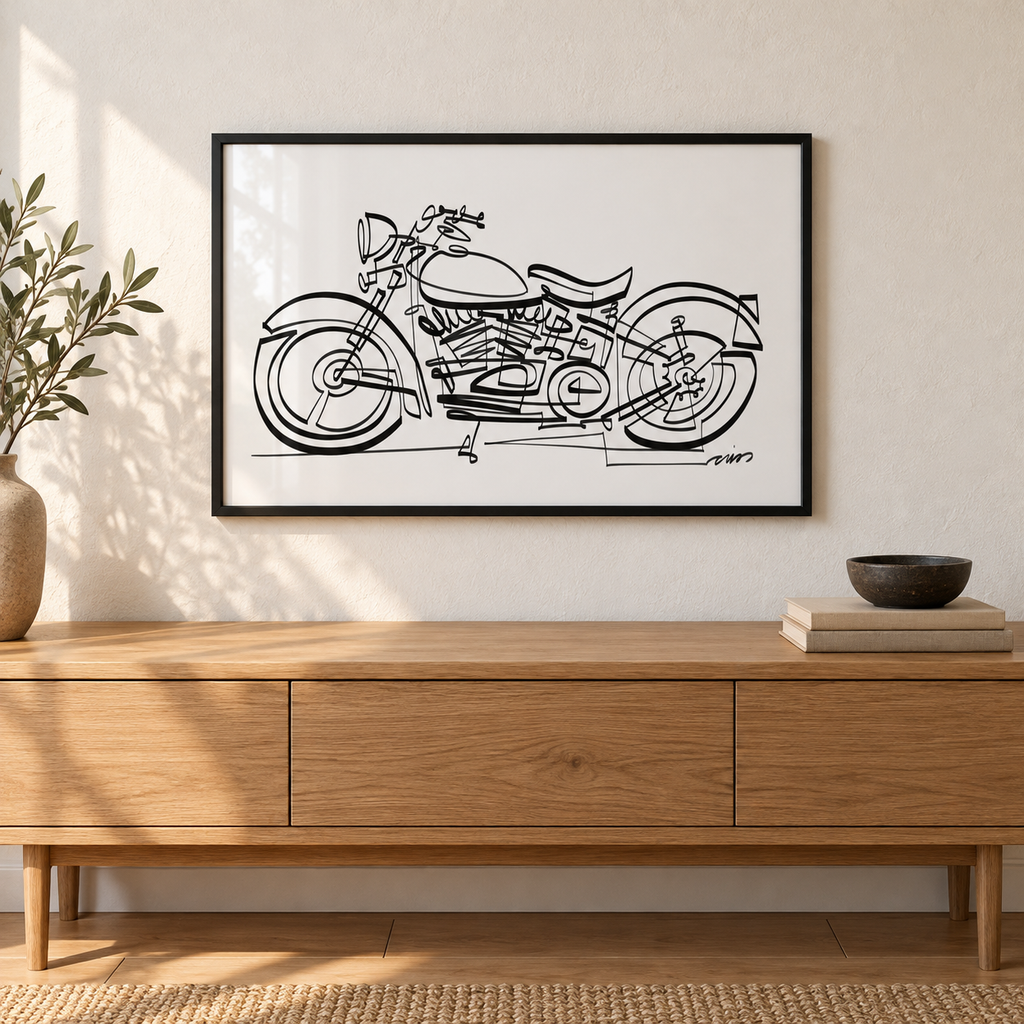 Vintage Motorcycle art print by Cris D. in a black frame above an oak console. Illustrative interior; frame not included.