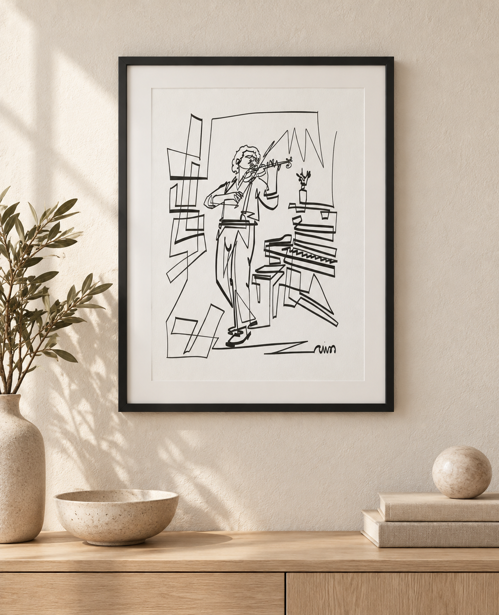 Violin Between the Lines print in an illustrative interior; frame and mat not included.