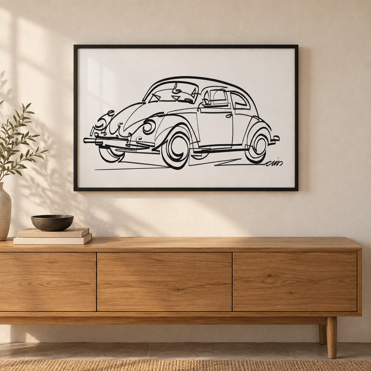 VW Beetle art print by Cris D. in a slim black frame above an oak console. Illustrative interior; frame not included.